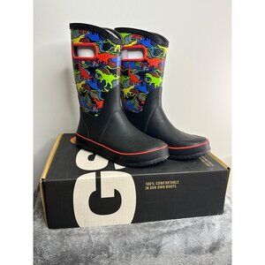 Boggs kids sz 5 neon Dino rain boots pull easy pull on boots waterproof chores